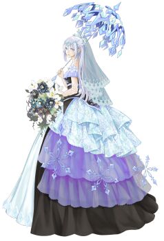 1girl absurdres anonymous_(yu-gi-oh!) bare_shoulders black_dress blue_eyes bouquet bright_pupils circlet crystal dress duel_monster flower full_body game_cg grey_hair highres holding holding_bouquet holding_umbrella long_hair looking_at_viewer non-web_source official_art snowflakes solo stitched teardrop_the_rikka_queen third-party_edit transparent_background umbrella veil white_pupils yu-gi-oh! yu-gi-oh!_master_duel