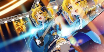 1girl alternate_costume alternate_hairstyle armband blonde_hair blue_necktie bow collared_shirt crescent crown epaulettes frilled_skirt frills fringe_trim game_cg gotoh_(nekocat) guitar hair_bow highres holding holding_guitar holding_instrument idol instrument long_sleeves lunasa_prismriver microphone microphone_stand mini_crown monitor music necktie official_art open_mouth playing_instrument shirt singing skirt smile solo stage stage_lights thigh_strap third-party_source touhou touhou_lostword white_armband white_shirt yellow_eyes