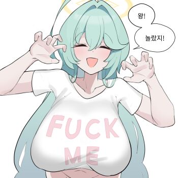 1girl ^_^ absurdres ahoge alternate_costume aqua_hair arms_up blue_archive blush bottomless breasts claw_pose closed_eyes commentary_request facing_viewer fuck-me_shirt groin halo highres huge_ahoge huge_breasts jahe_(73732258) korean_text long_hair navel out-of-frame_censoring print_shirt shirt simple_background smile solo speech_bubble stomach t-shirt translation_request upper_body very_long_hair white_background white_shirt yume_(blue_archive)