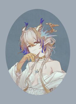 Rule 34 | 1girl, absurdres, ambience synesthesia, arknights, bare shoulders, blonde hair, blue hair, border, breasts, closed mouth, colored extremities, commentary, dragon girl, dragon horns, grey border, grey eyes, grey hair, hair between eyes, hair ornament, hand on own chin, highres, horns, jewelry, kaera, light smile, long hair, looking at viewer, multicolored hair, muted color, necklace, off shoulder, official alternate costume, pearl necklace, pointy ears, portrait, round border, shu (arknights), shu (bingwenyuyou) (arknights), small breasts, solo