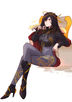 1girl absurdres black_hair bodysuit cloak crown finger_to_face high_heels highres image_sample long_hair original red_eyes sitting solo stigmamyu twitter_sample white_background