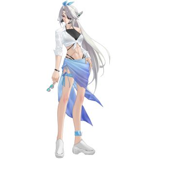 1girl abs absurdres alternate_color anklet bare_legs bikini bow bracelet breasts commission commissioner_upload evolution_stone evolutionary_stone eyelashes eyepatch full_body grey_eyes hair_bow hair_over_one_eye hand_on_own_hip highres holding holding_removed_eyewear jewelry large_breasts leg_ribbon light_frown long_bangs long_hair long_sleeves lydia_macarthur mature_female mechanical_ears multi-strapped_bikini_bottom muscular muscular_female non-web_source original petite ponytail ribbon scar scar_on_face see-through_clothes see-through_shirt see-through_skirt shirt skirt solo swimsuit swimsuit_skirt thigh_ribbon thighs tied_shirt transparent_background unworn_eyewear water_stone white_hair