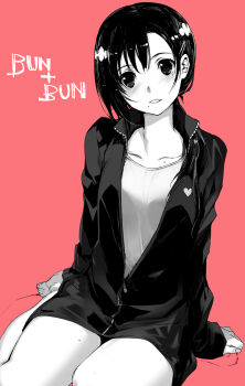 1girl black_hair blush breast_expansion breasts bunbun collarbone commentary_request greyscale_with_colored_background hair_ornament hairclip highres jacket medium_breasts mole mole_on_collarbone mole_on_thigh mole_under_eye mole_under_mouth multiple_moles original short_hair sitting solo variant_set yokozuwari zipper