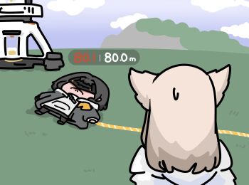 2girls animal_ears arknights arknights:_endfield bird_ears bird_girl black_mask blonde_hair blue_sky cable chibi coat commentary endministrator_(arknights) english_text eye_mask female_endministrator_(arknights) field frown gameplay_mechanics grass grey_coat heads-up_display highres holding holding_cable jacket lying mask multiple_girls on_back open_clothes open_coat outdoors perlica_(arknights) sky sonwooang symbol-only_commentary user_interface white_jacket