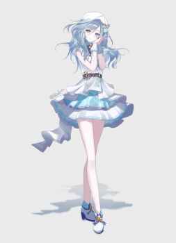 1girl ankle_boots bare_arms bare_legs belt black_belt black_bow black_bowtie boots bow bowtie breasts buttons closed_mouth clover_brooch clover_hair_ornament commentary crossed_legs dot_nose double-breasted fold-over_boots full_body grey_background grey_eyes grey_hair hair_between_eyes hair_ornament hands_up high_heels highres hinomori_shizuku idol idol_clothes jacket johyang_e layered_skirt light_blush long_hair looking_at_viewer plaid_clothes plaid_collar plaid_skirt project_sekai shadow short_sleeves sidelocks simple_background skirt small_breasts smile solo standing symbol-only_commentary twitter_username watson_cross white_boots white_jacket white_skirt white_wrist_cuffs wing_hair_ornament wrist_cuffs