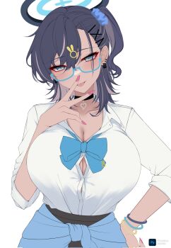 1girl :p alternate_costume alternate_hairstyle black_choker black_hair blue-framed_eyewear blue_archive blue_bow blue_bowtie blue_halo blue_scrunchie bow bowtie breasts button_gap chihiro_(blue_archive) choker clothes_around_waist collared_shirt commentary_request dress_shirt ear_piercing glasses grey_eyes gyaru hair_ornament hair_scrunchie halo hand_on_own_hip hand_to_own_mouth highres jacket jacket_around_waist large_breasts looking_at_viewer medium_hair nail_polish one_side_up piercing pink_nails rabbit_hair_ornament rai_(newtype_xm-x1) scrunchie semi-rimless_eyewear shirt simple_background sleeves_rolled_up solo tan tongue tongue_out under-rim_eyewear unfinished upper_body v v_over_mouth white_background white_shirt