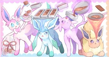 Rule 34 | absurdres, bow, chocolate, cooking, espeon, fire, flareon, food, frying pan, full body, gen 1 pokemon, gen 2 pokemon, gen 4 pokemon, gen 6 pokemon, glaceon, highres, ice, illustrattyako, mixing bowl, nintendo, no humans, open mouth, pokemon, pokemon (creature), ribbon, sitting, standing, sylveon