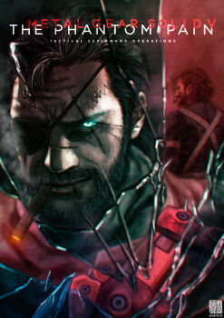 artist_request broken_glass cigar copyright_name eyepatch facial_hair glass male_focus mechanical_arms metal_gear_(series) metal_gear_solid_v:_the_phantom_pain mirror scar scar_on_face single_mechanical_arm solo venom_snake