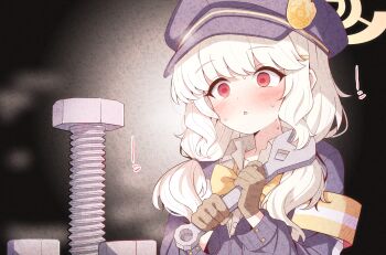 Rule 34 | 1girl, aoba (blue archive), blonde hair, blue archive, blue hat, blush, bolt (hardware), brown gloves, clenched hands, commentary request, dot nose, euphemism, gloves, hair ornament, hairclip, halo, hands up, hat, highres, holding, holding wrench, joke, karikura (atatata71), long hair, long sleeves, low twintails, newsboy cap, nut (hardware), parted lips, partial commentary, phallic symbol, red eyes, solo, sound effects, sweat, triangle mouth, twintails, upper body, wavy hair, wrench, yellow halo