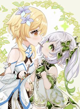 Rule 34 | 2girls, blonde hair, breasts, commentary request, cross-shaped pupils, dress, flower, food, food in mouth, genshin impact, green eyes, green hair, grey hair, hair flower, hair ornament, highres, holding, holding food, long hair, looking at another, lumine (genshin impact), m-eine, mouth hold, multicolored hair, multiple girls, nahida (genshin impact), orange eyes, pocky, pointy ears, side ponytail, small breasts, streaked hair, symbol-shaped pupils, white dress, yuri