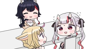 3girls :d ^_^ animal_ear_fluff animal_ears black_bow black_choker black_hair black_skirt black_thighhighs blonde_hair blush_stickers bow braid brown_jacket chair chibi choker closed_eyes flying_sweatdrops fox_ears grey_hair grey_shirt hair_bow hair_ornament highres hololive horns jacket long_hair low_ponytail mochimiko multicolored_hair multiple_girls nakiri_ayame nakiri_ayame_(streetwear) omaru_polka omaru_polka_(casual) on_chair oni ookami_mio ookami_mio_(street) open_mouth over-kneehighs pink_hair pleated_skirt ponytail profile purple_eyes red_eyes red_hair shirt simple_background skirt small_sweatdrop smile streaked_hair sweat table thighhighs twintails very_long_hair virtual_youtuber white_background white_shirt wolf_ears x_hair_ornament