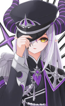 1girl absurdres adjusting_clothes adjusting_headwear alternate_costume black_hat black_jacket black_nails black_shirt commentary_request demon_girl demon_horns grey_hair hat highres hololive horns jacket la+_darknesss long_hair looking_at_viewer multicolored_hair nail_polish open_mouth pointy_ears purple_hair ruo1001 shirt solo streaked_hair very_long_hair virtual_youtuber yellow_eyes