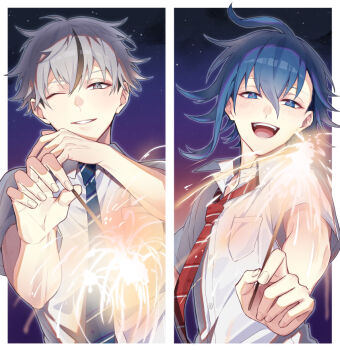 2boys :d ahoge aoyama_kazuki blue_eyes blue_hair blue_necktie border breast_pocket collared_shirt diagonal-striped_clothes diagonal-striped_necktie fireworks grey_eyes grey_hair grin hair_between_eyes holding holding_fireworks light_blush male_focus multicolored_hair multiple_boys necktie one_eye_closed open_mouth otori_ojirou outside_border pocket red_necktie shirt short_hair shouji6989 sky smile sparkler split_screen star_(sky) starry_sky streaked_hair striped_clothes tribe_nine upper_body white_border white_shirt