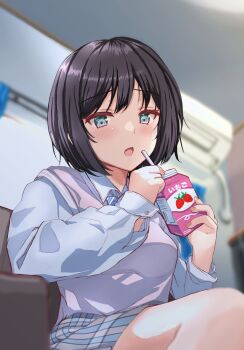 1girl :o air_conditioner armchair black_hair blue_bow blue_bowtie blue_eyes blue_skirt blurry blurry_background blush bob_cut bow bowtie breasts brown_sweater_vest chair commentary_request depth_of_field diagonal-striped_bow diagonal-striped_bowtie diagonal-striped_clothes dress_shirt drink drink_carton drinking_straw food from_below fruit fushimi_asuha highres holding holding_drink holding_milk_carton indoors large_breasts living_room long_sleeves looking_at_viewer milk_carton open_mouth original raised_eyebrows school_uniform shirt short_hair sitting skirt solo strawberry strawberry_milk striped_bow striped_bowtie striped_clothes sweater_vest translated two-tone_bow two-tone_bowtie two-tone_skirt white_bow white_bowtie white_shirt white_skirt