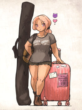 1girl backpack bag black_shorts breasts brown_shoes commentary curvy dark-skinned_female dark_skin ebenholz_(ironlily) english_commentary full_body german_text hair_ornament hair_scrunchie hand_on_own_hip heart highres ironlily large_breasts original pink_eyes pink_hair ponytail rolling_suitcase scrunchie shoes short_shorts shorts solo suitcase thighs translation_request