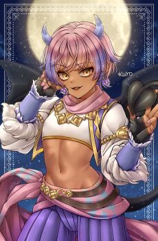 1boy absurdres androgynous arabian_clothes bat_wings belt black_gloves black_tail black_wings brown_belt commentary_request commission cowboy_shot cropped_shirt dark-skinned_male dark_skin demon_boy demon_tail dragon_quest dragon_quest_x earrings fingerless_gloves floating_clothes full_moon gem gloves gold_trim hero_(dq10) highres hip_bones horns jewelry kuro11_222 looking_to_the_side male_focus midriff moon multicolored_hair navel necklace night open_mouth pants pink_hair pink_nails pink_sash pink_scarf purple_gemstone purple_hair purple_horns purple_pants purple_vest sash scarf shirt short_hair skeb_commission sky smile solo star_(sky) tail vest white_shirt wings yellow_eyes