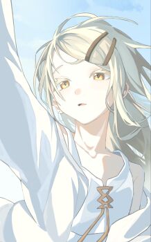 Rule 34 | 1girl, arm up, blonde hair, blue sky, camisole, coat, commentary request, gakuen idolmaster, highres, idolmaster, long hair, open clothes, open coat, orange eyes, parted lips, shinosawa hiro, single bare shoulder, sky, solo, sunlight, yoyoyom2223