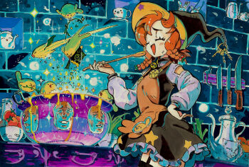 Rule 34 | 1girl, apron, black dress, black hat, braid, brick wall, brown apron, closed eyes, colorful, commentary request, cooking pot, cowboy shot, creature, dress, eudetenis, grey shirt, hair bobbles, hair ornament, hand on own hip, hand up, hat, highres, holding, holding polearm, holding weapon, indoors, key, knife, long hair, long sleeves, marker (medium), open mouth, orange hair, original, pinafore dress, pitcher (container), polearm, shirt, short dress, sleeveless, sleeveless dress, solo, sparkle, standing, tasting, traditional media, triangle mouth, weapon, witch hat