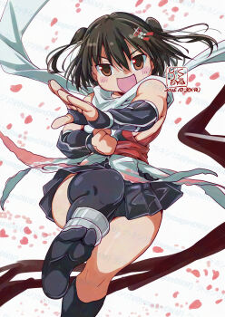 1girl artist_logo asymmetrical_legwear black_hair black_neckerchief black_skirt brown_eyes dated elbow_gloves feet_out_of_frame fingerless_gloves gloves highres kantai_collection kneehighs kutone_shirika logo neckerchief open_mouth petals scarf school_uniform sendai_(kancolle) sendai_kai_ni_(kancolle) serafuku shirt short_hair single_kneehigh single_sock skirt sleeveless sleeveless_shirt socks solo two_side_up uneven_legwear white_scarf