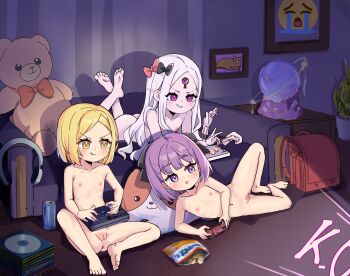 3girls abigail_williams_(fate) abigail_williams_(third_ascension)_(fate) absurdres arcade_stick backpack bag bag_of_chips barefoot black_ribbon blonde_hair blue_eyes can casual_nudity commission commissioner_upload completely_nude controller couch crying_emoji emoji fate/grand_order fate_(series) feet game_controller helena_blavatsky_(fate) highres hitbox joystick living_room loli lying multiple_girls navel nipples nude on_side on_stomach pale_skin paul_bunyan_(fate) playing_games purple_eyes purple_hair pussy randoseru ribbon sharp_teeth shirt sitting stuffed_animal stuffed_toy tagme teddy_bear teeth uncensored uohhhhhhhhh!_(meme) vieru2n white_hair yellow_eyes