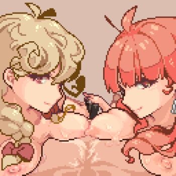 2girls animated animated_gif bare_shoulders bisexual_female blonde_hair breast_press breasts celica_(fire_emblem) censored collarbone faye_(fire_emblem) fire_emblem fire_emblem_echoes:_shadows_of_valentia hand_on_penis lying_on_person medium_breasts momiahair multiple_girls narrow_waist nintendo nipple-to-nipple nipples nude pixel_art red_hair sex slender