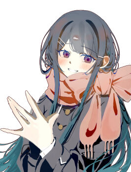 1girl black_eyes black_jacket blush bow brown_bow brown_scarf cho_koko-kyu_no_washi danganronpa:_trigger_happy_havoc danganronpa_(series) grin hair_ornament hairclip highres jacket long_hair long_sleeves maizono_sayaka own_hands_together scarf simple_background smile teeth upper_body white_background