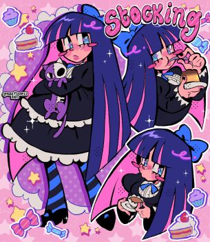 1girl absurdres artist_name blue_eyes blue_hair cake candy character_name commentary cup eating english_commentary food highres holding holding_cup holding_stuffed_toy honekoneko_(psg) lace_trim multicolored_hair natflorezz panty_&amp;_stocking_with_garterbelt pink_background pink_hair pudding socks stocking_(psg) striped_clothes striped_socks stuffed_animal stuffed_toy two-tone_hair