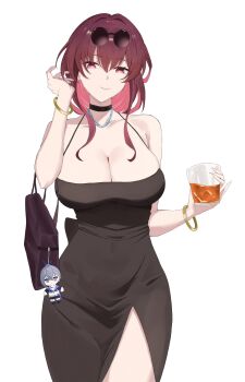 1girl alternate_costume black_dress breasts character_doll cleavage commentary cowboy_shot cup doll dress drinking_glass earrings eyewear_on_head glass gold_bangle highres holding holding_cup honkai:_star_rail honkai_(series) jewelry kafka_(honkai:_star_rail) large_breasts looking_at_viewer no_pupils pearl_earrings pincers purple_eyes purple_hair shinonome_izumi side_slit silver_wolf_(honkai:_star_rail) simple_background smile solo sunglasses white_background