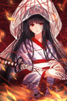 1girl absurdres black_hair bridal_veil bug burning crying crying_with_eyes_open fire highres holding holding_sword holding_weapon hood japanese_clothes katana kimono limbus_company long_hair long_sleeves looking_at_viewer obi open_mouth project_moon red_eyes red_sash ryoshu_(project_moon) sash see-through_clothes shiromuku silk solo spider spider_web string sword tears uchikake veil wataboushi weapon white_kimono wide_sleeves yama_0511