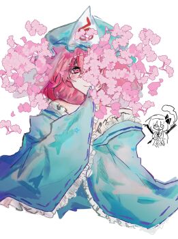 2girls aqua_hat aqua_kimono bare_shoulders blush cherry_blossoms commentary cropped_torso empty_eyes frilled_hat frilled_sleeves frills hat highres hitodama illtenji japanese_clothes kimono konpaku_youmu konpaku_youmu_(ghost) long_sleeves looking_at_another looking_at_viewer mob_cap multiple_girls one_eye_covered partially_colored pink_eyes pink_hair saigyouji_yuyuko simple_background sleeves_past_fingers sleeves_past_wrists smile sword sword_on_back touhou triangular_headpiece upper_body weapon weapon_on_back white_background wide_sleeves