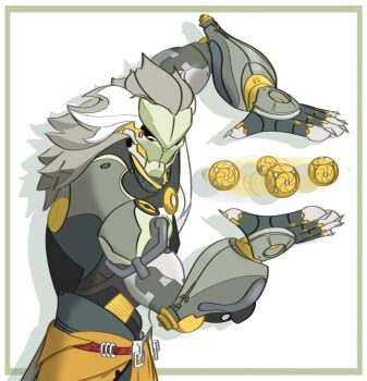 1boy anthony_(starstorm_48) arm_up ball banyue_(zenless_zone_zero) commentary drop_shadow grey_hair long_hair male_focus multicolored_hair robot simple_background solo two-tone_hair upper_body white_background white_hair zenless_zone_zero