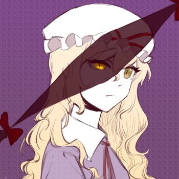 Rule 34 | 1girl, bow, commentary, dress, dual persona, gap (touhou), hat, hat bow, highres, korean commentary, long hair, looking at viewer, lovelobten, maribel hearn, mob cap, purple background, purple dress, shirt, slit pupils, touhou, white hat, yakumo yukari, yellow eyes, yukari is merry theory (touhou)