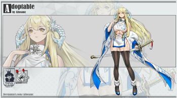 1girl :3 adoptable allosauc artist_name bare_shoulders black_thighhighs blonde_hair blue_footwear blue_horns breasts reference_sheet closed_mouth deviantart_username english_text eyelashes full_body fur-trimmed_sleeves fur_anklet fur_trim gradient_background grey_background hair_ornament hand_on_own_chest high-waist_skirt high_heels holding holding_sword holding_weapon horns ice_horns katana large_breasts long_hair long_sleeves looking_at_viewer midriff miniskirt multiple_views original polka_dot polka_dot_background projected_inset sheath sheathed shirt side_slit simple_background single_sidelock skirt sleeveless sleeveless_shirt smile snowflake_hair_ornament sword thighhighs triangle_background turtleneck turtleneck_shirt underboob upper_body very_long_hair watermark weapon white_shirt white_skirt white_sleeves yellow_eyes