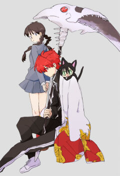 Rule 34 | 1girl, 2boys, animal ears, braid, brown hair, cat ears, cat tail, closed eyes, closed mouth, grey background, holding, holding weapon, jacket, kyoukai no rinne, long hair, mamiya sakura, mokeo, multiple boys, open mouth, red eyes, red hair, rokudou rinne, rokumon, school uniform, scythe, simple background, skirt, tail, twin braids, weapon