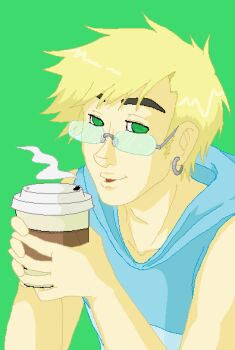 1boy blonde_hair coffee cup dc_comics dcau drink earrings green_eyes hood jewelry male_focus richard_osgood_foley sleeveless smile solo static_shock