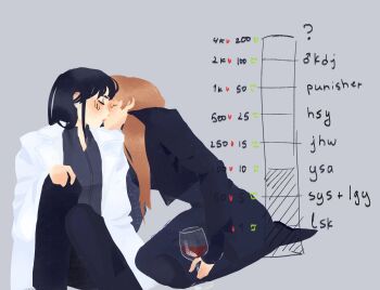 2girls artist_self-insert black_bodysuit black_hair black_jacket black_shirt bodysuit brown_hair character_request check_character closed_eyes coat collared_shirt commentary cup drinking_glass english_commentary full_body hair_over_shoulder hand_on_own_knee highres holding holding_cup jacket kdj143637 kiss knee_up like_and_retweet long_hair multiple_girls no_lineart omniscient_reader's_viewpoint open_clothes open_coat original seiza shirt sitting white_coat wine_glass yoo_sangah yuri
