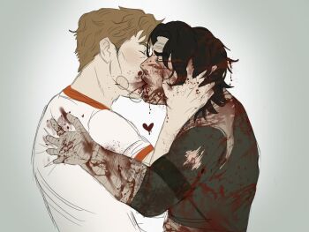 Rule 34 | 2boys, black hair, blonde hair, blood, blood drip, blood on clothes, blood on face, blood splatter, closed eyes, commentary, crossover, english commentary, genre connection, hand on another's head, hand on another's shoulder, headband, heart, highres, iron lung (movie), kiss, male focus, multiple boys, project hail mary, round eyewear, ryland grace, shirt, short hair, simon (iron lung), torn clothes, torn shirt, wavy hair, yoogeurt