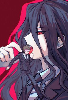Rule 34 | 2boys, ahoge, belt, black belt, black hair, black jacket, black necktie, black pants, bleeding, blood, blood from forehead, blood on face, brown eyes, brown hair, buttons, chinese commentary, collared shirt, commentary request, crying, crying with eyes open, cyacyacyacyaki, danganronpa (series), danganronpa 3 (anime), eyes visible through hair, film grain, formal clothes, giant, hair between eyes, highres, hinata hajime, holding, jacket, kamukura izuru, licking, licking another's face, long bangs, long hair, male focus, multiple boys, necktie, open mouth, pants, pink blood, red background, red eyes, shirt, suit, tears, tongue, tongue out, white shirt, yaoi