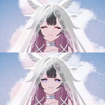 1girl black_hair blush columbina_(genshin_impact) genshin_impact hashtag-only_commentary highres long_sleeves looking_at_viewer multicolored_hair purple_eyes purple_hair shooting_star solo star_(sky) tsuyu_yomi two-tone_hair upper_body veil wings