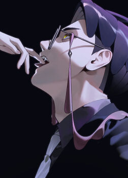 1boy 1girl 987645321o black_background black_hair black_jacket collared_shirt commentary corbeau_(pokemon) finger_in_another&#039;s_mouth glasses jacket looking_up necktie nintendo pokemon pokemon_legends:_z-a purple_shirt shirt short_hair simple_background teeth tongue tongue_out upper_teeth_only yellow_eyes
