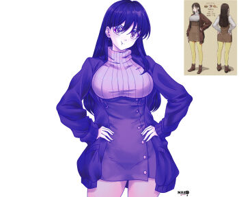 1girl big_sister_(navigavi) borrowed_character breasts brown_eyes choppy_bangs closed_mouth commentary commentary_request earrings english_commentary hair_between_eyes hands_on_own_hips highres jacket jewelry kurimako large_breasts long_hair long_sleeves looking_at_viewer mixed-language_commentary open_clothes open_jacket original pink_sweater pout purple_hair purple_jacket reference_inset simple_background sweater underbust white_background