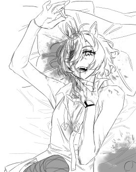 1girl alcohol alternate_costume animal_collar animal_ear_piercing baejimile bare_shoulders belt collar collared_shirt cowboy_shot cup derivative_work drinking_glass fangs fishnet_pantyhose fishnets gloves hair_between_eyes hand_on_own_neck happy highres holding holding_cup horse_girl knee_up long_hair_between_eyes lying no_headwear o-ring o-ring_belt on_back on_bed open_belt open_mouth pantyhose pillow shirt short_hair sketch sleeveless sleeveless_shirt smile solo spilling t.m._opera_o_(umamusume) teeth tongue umamusume upper_teeth_only white_background wine wine_glass
