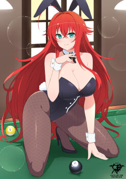1girl 8-ball ahoge animal_ears aqua_eyes arm_support artist_logo artist_name ball billiard_ball billiards black_footwear black_leotard black_pantyhose breasts cleavage closed_mouth crossed_bangs detached_collar fake_animal_ears fake_tail female_focus fishnet_pantyhose fishnets hair_between_eyes high_heels high_school_dxd highres indoors kaos_art kneeling large_breasts leotard logo long_hair looking_at_viewer on_table pantyhose patreon_username playboy_bunny pool_table rabbit_ears rabbit_tail red_hair rias_gremory shadow smile solo strapless strapless_leotard table tail very_long_hair window wrist_cuffs