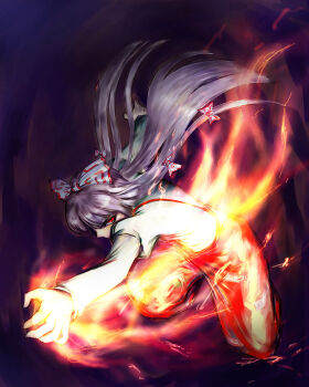 1girl bow female_focus fire fujiwara_no_mokou hair_bow kath long_hair red_eyes solo touhou