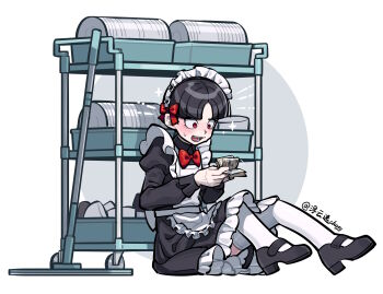 1boy alternate_costume apron black_dress black_hair black_shoes blush bow bowtie cloaty14605 counting_money crossdressing crossdressing_(mtf) dishes dress enmaided frills full-face_blush grey_background grin highres holding holding_money long_sleeves looking_at_object maid maid_apron maid_headdress male_focus male_maid maruko_gaku mary_janes money open_mouth plate puffy_sleeves red_bow red_bowtie red_eyes shoes short_hair simple_background sitting smile solo sweat the_hundred_line_-last_defense_academy- thighhighs twitter_username two-tone_background white_apron white_background white_thighhighs