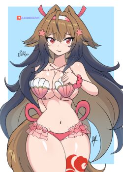 1girl absurdres ahoge animal_ears artist_name bikini blue_background border breasts brown_hair commentary english_commentary fox_ears fox_girl hairband highres large_breasts leg_tattoo long_hair looking_at_viewer multicolored_hairband navel paid_reward_available patreon_username pink_bikini raydango red_eyes shell shell_bikini solo stomach swimsuit tail tattoo thighs two-tone_hairband very_long_hair white_border ye_shunguang zenless_zone_zero