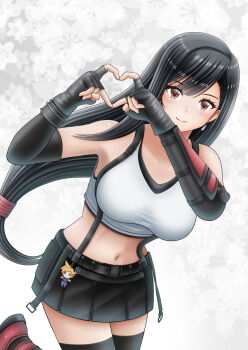Rule 34 | black gloves, black hair, black skirt, black thighhighs, boots, breasts, brown eyes, character charm, charm (object), cloud strife, collarbone, commentary request, cowboy shot, crop top, final fantasy, final fantasy vii, final fantasy vii remake, fingerless gloves, floral background, four-finger heart hands, gloves, heart, heart hands, highres, large breasts, leg up, long hair, looking at viewer, low-tied long hair, midriff, miniskirt, navel, onthecorner, red boots, skirt, smile, suspender skirt, suspenders, tank top, thighhighs, tifa lockhart, white tank top