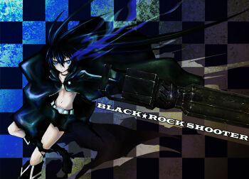 1girl a-er_(akkij0358) arm_cannon belt black_coat black_rock_shooter black_rock_shooter_(character) black_shorts blue_eyes blue_fire boots coat fire flaming_eye glowing glowing_eye highres hood hooded_coat long_hair rock_cannon scar shorts solo star_(symbol) twintails uneven_twintails weapon