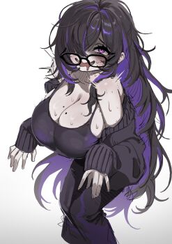 1girl absurdres bags_under_eyes bare_shoulders black-framed_eyewear black_dress black_hair breasts cardigan cleavage colored_inner_hair dress drooling goddess_of_victory:_nikke hair_over_one_eye highres label_(nikke) large_breasts long_dress long_hair long_sleeves looking_up mole mole_on_breast mouth_drool multicolored_hair off_shoulder open_cardigan open_clothes purple_eyes purple_hair sidelocks simple_background solo streaked_hair two-tone_hair ushimochi very_long_hair white_background