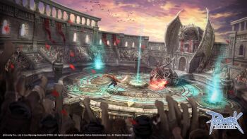 Rule 34 | 6+others, arena, arm up, banner, breath weapon, breathing fire, copyright notice, crowd, dragon, duel, falling petals, fighting, fire, highres, in-universe location, logo, magic circle, multiple others, official art, official wallpaper, people, petals, ragnarok online, stairs, yoing (gravity)